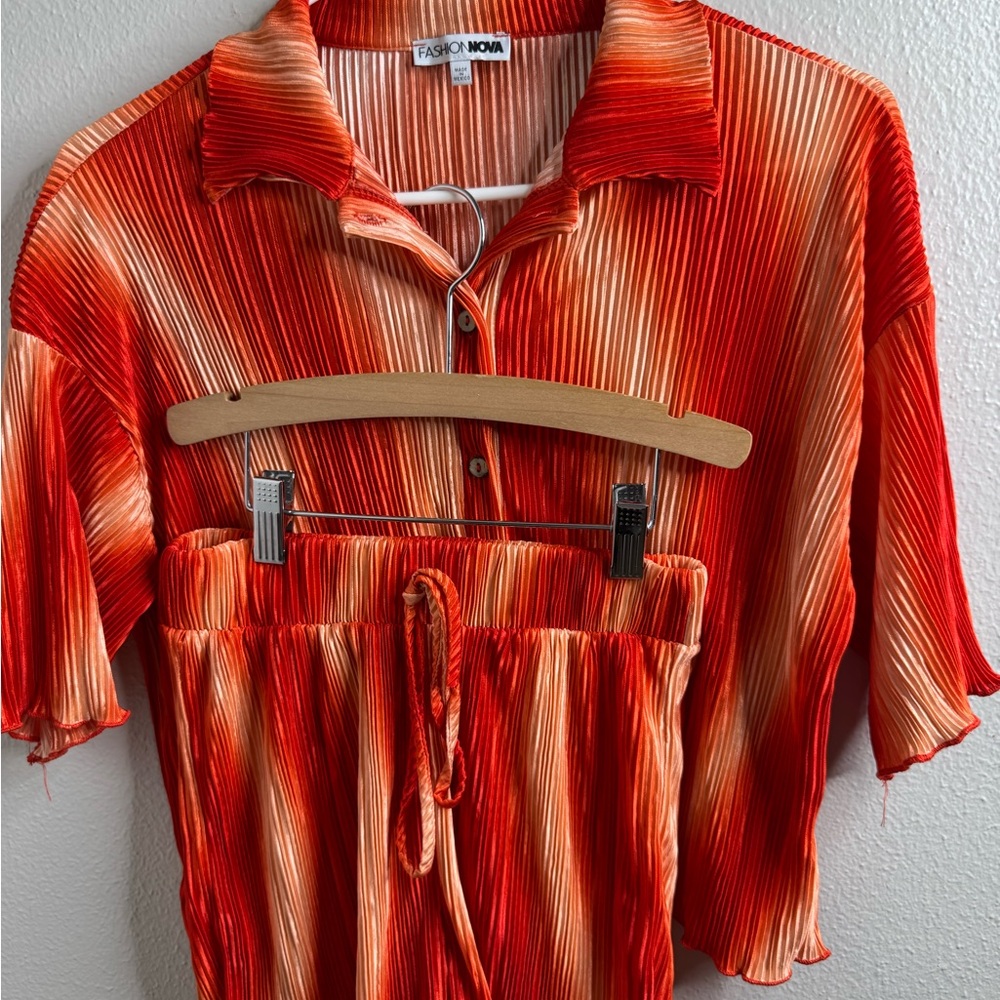 Fashion Nova Red Orange Striped Pleated Two-Piece Set